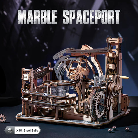 3D Wooden Puzzle Marble Run For Adults - Upgraded Spaceport Model Kit with Electric Drive displayed against starry backdrop