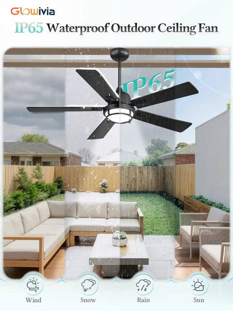 52 Inch Outdoor Ceiling Fan With Lights For Patio And Pergola IP65 Waterproof Gazebo Hanging Fan shown in backyard setup