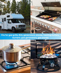 Propane usage collage showing an RV, a stainless steel gas grill, a stove with a pot, and an outdoor fire pit.