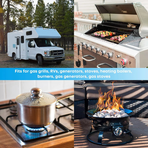 Propane regulator with gauge for grills and RVs; collage shows RV, stainless grill, pot on stove, outdoor burner