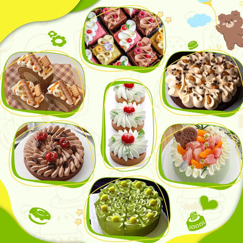 Assorted decorated desserts with various icing patterns made using a Three Piece V Shaped Piping Tips Set Pro Grade Stainless Steel Cake Decorating Tips Frosting Icing Nozzles For Cupcakes Cakes Cookies Desserts And Pastry Decorating Ideal For Home Bakers And Pros