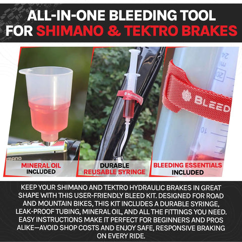 All In One Hydraulic Brake Bleed Kit With Mineral Oil For Shimano And Tektro Brakes, DIY Bike Maintenance Kit tools displayed