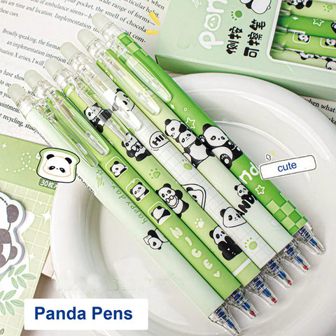 Six Pack Panda Erasable Retractable Gel Ink Pens 0.5mm Blue Ink Too Cute Panda Design Erasable Gel Ink with Rubber Eraser Smooth Writing for Office School Supplies Women Girls Boys displayed on a plate.