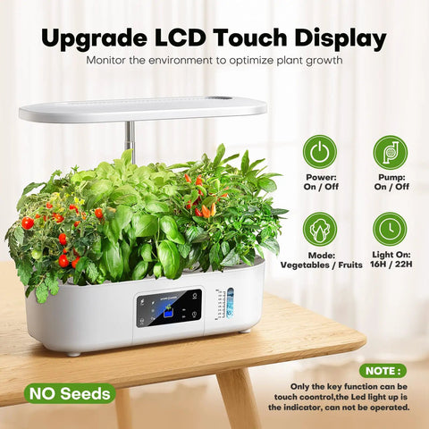 Dope Indoor Hydroponics Garden Kit With 12 Growing Pods Grow Light LCD Touch Panel Planter on a wooden table, herbs visible