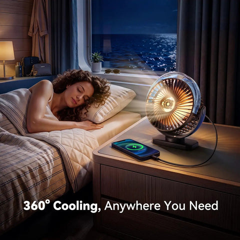 Tough Golf Cart Fan With Rock Solid Magnet And Dual Strap 12000Mah Battery on nightstand beside sleeping person.
