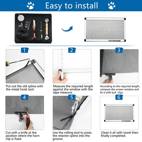 Pet Proof Window Screen Repair Kit With Extendable Cleaning Tool And Thickened Screen Replacement Spline Tool Set Remover Hook Tape Measure Knife Brush All In One Do It Yourself Door And Window Screen Fix For Home installation guide
