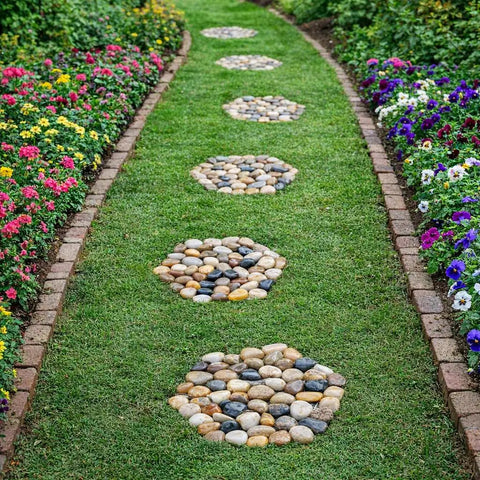 Garden path with 6 Pack Natural River Rock Hexagon Stepping Stones For Garden Pathway Mats With Non Slip Mesh Backing between flowers.