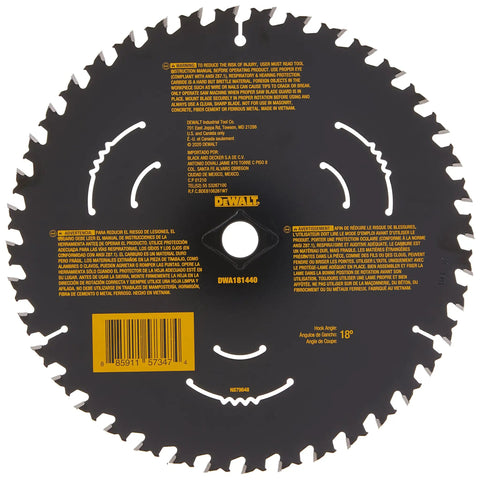 Cross Cut Circular Saw Blade 8 1/4 Inch 40 Tooth Tungsten Carbide Thin Kerf With Anti Stick Coating For Nail Embedded Wood Cuts On Corded And Cordless Saws DWA181440 with visible product details.