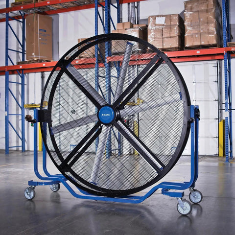 Hardcore 8 Foot Mobile Industrial Cooling Barrel Fan With Six Aluminum Blades And Variable Speed EC Motor cranking out 65000 CFM airflow in warehouse.