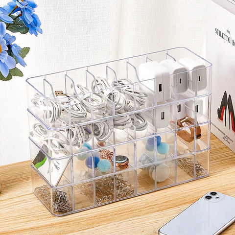 2 Pack Cable Organizer Box With 20 Wire Ties Clear Desk Drawer Storage for Chargers and Cables, Adjustable Compartments with cords