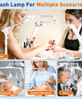 Lash Light Half Moon Magnifying Desk Lamp with 10X Optical Glass used for multiple work scenarios, including nails and tattoos.
