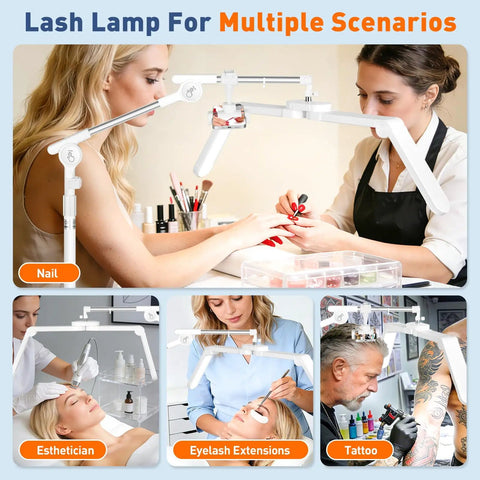 Lash Light Half Moon Magnifying Desk Lamp with 10X Optical Glass used for multiple work scenarios, including nails and tattoos.