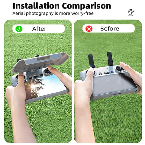 Before and after installation of RC Sun Hood Shield For DJI RC 2 Controller, showing sunshade and screen protection benefits.