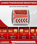 Wireless Magnetic LED Trailer Lights Kit 2 pack showing brake, turn signal, and lighting modes with red arrows.
