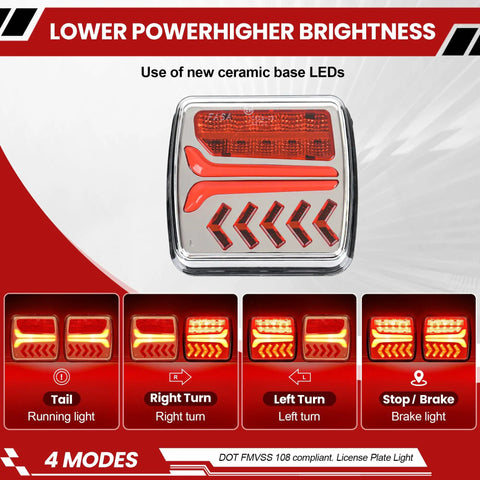 Wireless Magnetic LED Trailer Lights Kit 2 pack showing brake, turn signal, and lighting modes with red arrows.