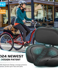 Ultra Wide Bike Seat Cushion With Extra Padding And Back Rest For Men And Women, Oversized Comfortable Cushy Saddle For Peloton, Exercise, Electric, Mountain, Spin And Cruiser Bikes. Black padded bike seat with back rest on cruiser bike