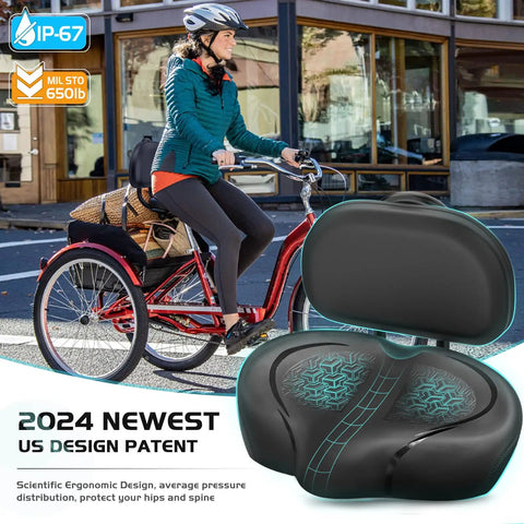 Ultra Wide Bike Seat Cushion With Extra Padding And Back Rest For Men And Women, Oversized Comfortable Cushy Saddle For Peloton, Exercise, Electric, Mountain, Spin And Cruiser Bikes. Black padded bike seat with back rest on cruiser bike