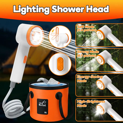 Rechargeable Camping Shower With Immersion Water Heater, LED Filter Shower Head, Portable Pump, 6.6 Gallon Foldable Bucket in use