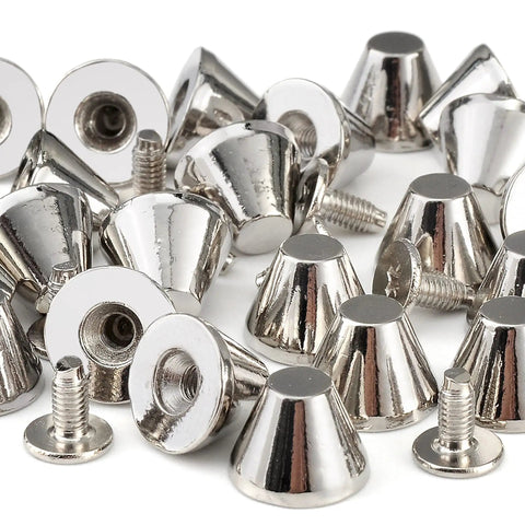Badass Barrel Spikes And Screw Back Studs 30 Sets Silver Zinc Alloy Hardware Kit For Leather Crafts Boots Bags showing silver zinc barrel spikes.