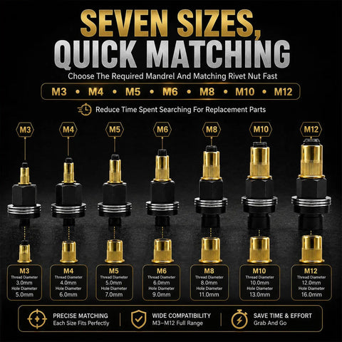 Rivet Nut Pro Grade Tool Set Kit, 77-Piece Metric Rivnut System With 7 Mandrels And 70 Flat Head Nuts, M3 M4 M5 M6 M8 M10 M12, Zinc Plated Carbon Steel Construction For Heavy Duty Rivnut Installation, seven sizes chart