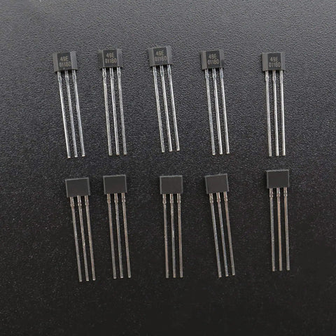 Array of 49E OH49E S49E SS49E Linear Hall Effect Sensor TO92 Package, 3-terminal magnetic detectors on black background.