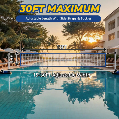 Heavy Duty Pool Volleyball Net Replacement With Adjustable Length From 15 To 30 Ft, Waterproof Oxford Border For Outdoor