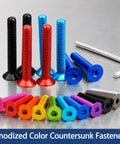Get These Rad Colored Alumina Countersunk Head Screws In Hex Shape For Your Model Build Featuring M3 M4 M5 M6 Sizes To Fix Hardware Fast Without Hassle Or Matchup Issues, assorted colors on a metal surface.