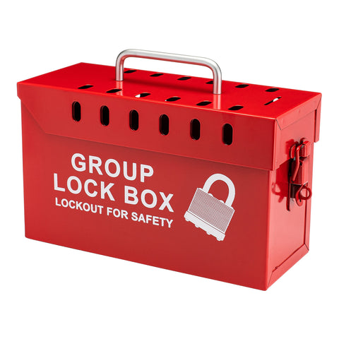 USA Made Portable Steel Group Lockout Tagout Box for Lockouts and Keys, Durable Lock Box Holds Up to 13 Padlocks, 10 By 6 By 4 Inch, Red