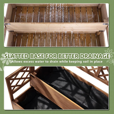 Slatted base of two tier raised garden bed with trellis and lattice back for climbing plants wooden outdoor planter.