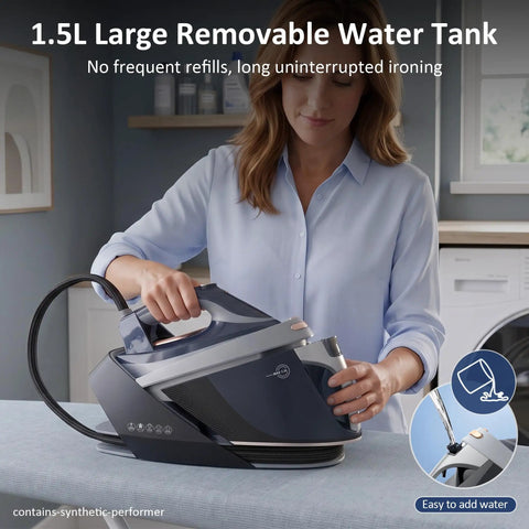 Pro Level 1800W Steam Station For Clothes With A Spiffy 1.5 Liter Pop Out Tank, user filling large removable water tank.