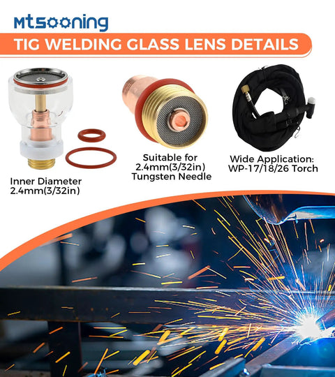Pro TIG Gas Lens Glass Cup Kit for WP17 WP18 WP26 Torch, High Heat Glass, Stubby Collet Body, fits 2.4mm Tungsten Needle