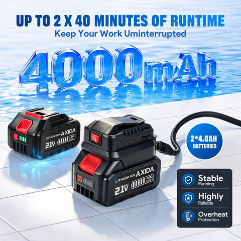 Heavy Hitter Cordless Submersible Utility Pump With 1Hp Brushless Motor Shifts 2113Gph Swiftly Battery powered 4000mAh lithium-ion batteries.