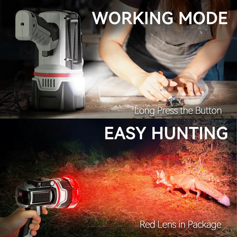 Beast Bright Rechargeable Spotlight Flashlight With 3 P50 LED Chips in use illuminating a working area and hunting scene