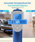 Infrared Thermometer Upgrade 774 Temp Gun For Cooking And Grillin Laser Surface Temp Tool For Pizza Griddle Grill HVAC And Engine Reads Minus 58 To 842 Degrees Fahrenheit Blue showing emissivity settings for iron and wood surfaces with LCD display.