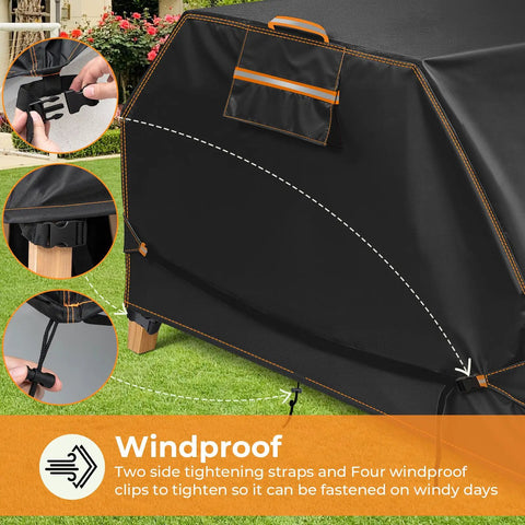 All Weather 6 Ft Picnic Table Cover With Waterproof 420D Oxford Cloth Heavy Duty Windproof UV Protection Adjustable Straps And Air Vent Fits 70 And 72 Inch Outdoor Tables Black, shown with securing straps and windproof clips.