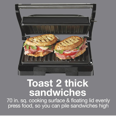Proctor Silex Panini Press Sandwich Maker With Nonstick Plates For Grilling Burgers Chicken And Veggies Easy Clean Electric Indoor Grill Machine Perfect For Quick Meals And Delicious Toasted Sandwiches At Home, toasting two thick sandwiches.