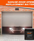 12V 5Ah LiFePO4 Rechargeable Backup Battery With BMS For Garage Door Openers next to a garage door and car.