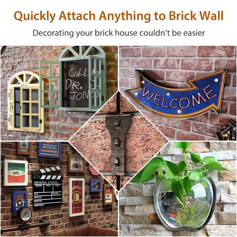 Heavy Duty Brick Hook Clips 4 Pack For Outdoor Hanging On Brick Walls Fits Queen Size Bricks 2.5 To 2.75 Inches No Drill No Nails Siding Hooks For Easy Secure Wall Mounting shown holding various decorations securely on a brick wall.