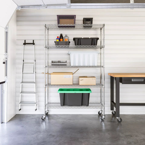 Built Like A Tank Heavy Duty 5 Tier Steel Wire Shelving Unit With 800 Pounds Capacity Per Shelf Chrome Plated NSF Certified Adjustable Legs For Garage Commercial Warehouse Kitchen Home Office Utility Storage Rack Organizer System