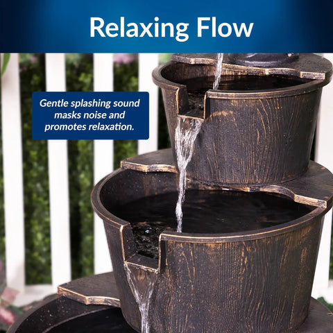 Close-up of 40 Inch Rustic Tiered Barrel Water Fountain For Outdoors, Old-Fashioned Pump Waterfall Feature With Three Barrel Tiers