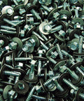 Lot Of Three Hundred Fifty Size 12 Self Drilling Roofing Screws With Hex Rubber Washer Heads Zinc Plated Fasteners on a surface.