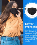 Woman wearing KN95 Black Face Mask 50 Pack With 5 Layer Filtration Over 95 Percent Efficiency, orange shirt, outdoors.