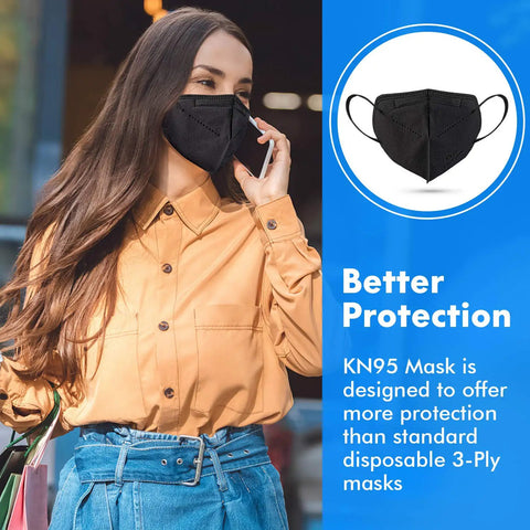 Woman wearing KN95 Black Face Mask 50 Pack With 5 Layer Filtration Over 95 Percent Efficiency, orange shirt, outdoors.