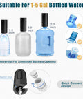 Foldable Water Dispenser Pump For 5 Gallon Bottles showing compatibility with 1-5 gallon bottles and adaptor design