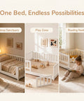 White Full Rubber Wood Floor Bed with safety guardrails and fence door, shown as sleep sanctuary, play zone, reading nook.