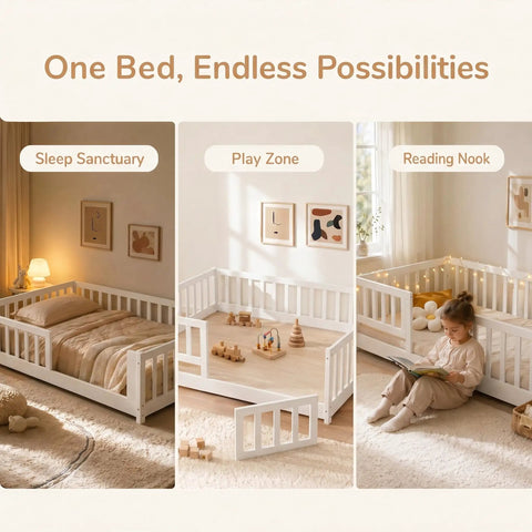 White Full Rubber Wood Floor Bed with safety guardrails and fence door, shown as sleep sanctuary, play zone, reading nook.