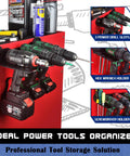 Magnetic Power Tool Organizer With 3 Slot Utility Rack, Wall Mount Heavy Duty Cordless Drill Holder And Removable Tool Tray For Garage, Workshop, And Warehouse, Keeps Tools Handy And Tidy, red steel wall rack with drills