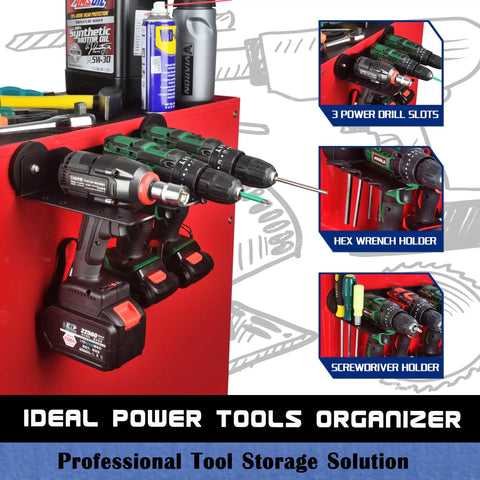 Magnetic Power Tool Organizer With 3 Slot Utility Rack, Wall Mount Heavy Duty Cordless Drill Holder And Removable Tool Tray For Garage, Workshop, And Warehouse, Keeps Tools Handy And Tidy, red steel wall rack with drills
