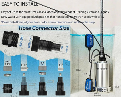 Diagram showing Beastly 304 Stainless Submersible Sump Pump With Float Switch 1HP 4600GPH and hose connector sizes.