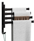 Swivel Wall Mounted Towel Rack With Four Rotating Arms Black Rustproof Towel Bar For Bathroom 180 Degree Rotation Thirteen Inch Towel Holder Space Saver Quick Dry No Frills Design holding towels